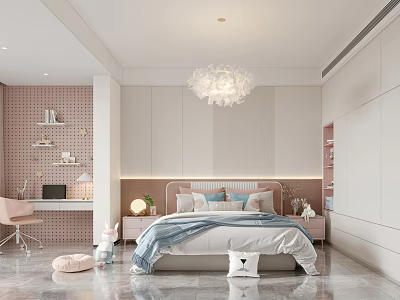 Modern Children's Bedroom With Pink Decor Bed Study Desk And Chandelier 3d model