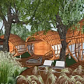 Spiral Wooden Tower in Natural Landscape with Trees Grass and Glass Dome Structure