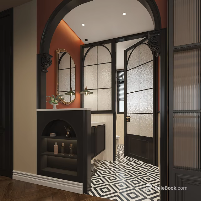 Stylish Bathroom Interior Design With Orange Walls Black Decor And Geometric Floor Tiles 3d model 