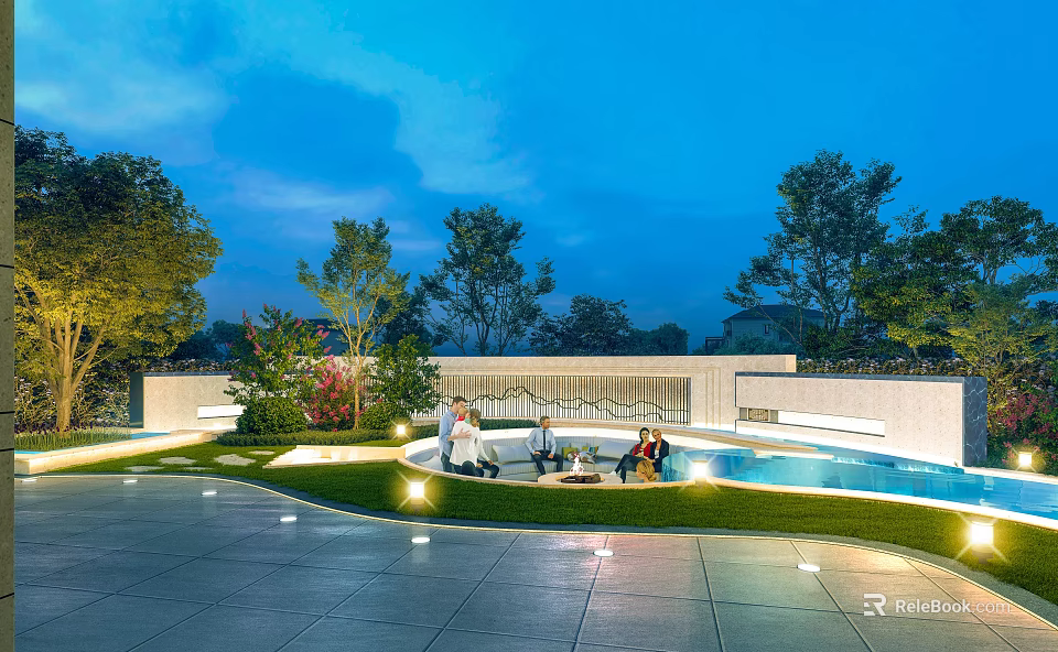 Evening Garden Landscape With Ambient Lighting Pool Lawn Trees And People Sitting 3d model 