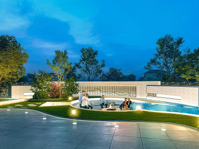 Evening Garden Landscape With Ambient Lighting Pool Lawn Trees And People Sitting 3d model