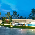 Evening Garden Landscape With Ambient Lighting Pool Lawn Trees And People Sitting