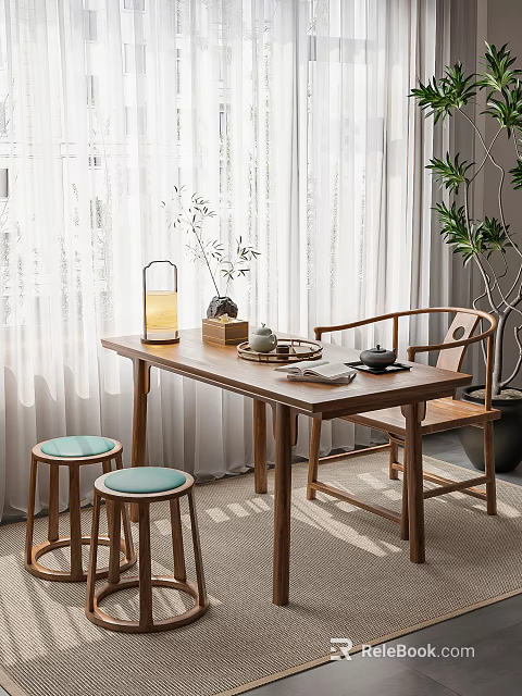 Wooden Tea Table And Chairs With Green Cushions Tea Set Near Curtains And Plants 3d model 
