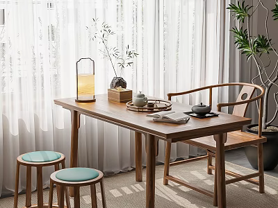 Wooden Tea Table And Chairs With Green Cushions Tea Set Near Curtains And Plants 3d model