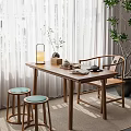 Wooden Tea Table And Chairs With Green Cushions Tea Set Near Curtains And Plants