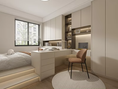 Tatami Bedroom Interior Featuring Tatami Bed Desk Chair Built In Cabinets And Natural Light 3d model