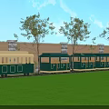 Scenic Garden Landscape Featuring Green Lawn Trees And Green Beige Vintage Train