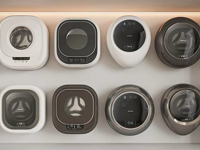 Various Stylish Washing Machines Displayed On Shelf With Different Colors And Designs 3d model