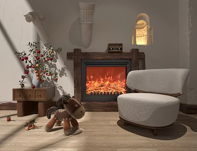 Single Sofa in Cozy Living Room with Burning Fireplace Toy Horse and Wooden Floor 3d model