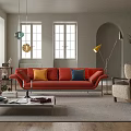 Stylish Modern Living Room With Orange Sofa Coffee Table Yellow Blue Cushions And Beige Armchair