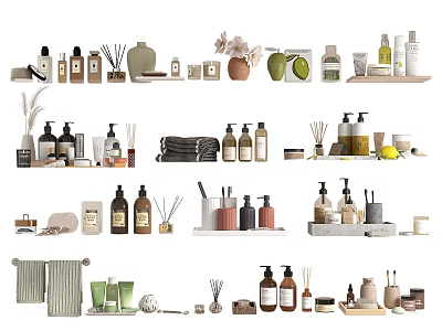 Stylish Bathroom Accessories Collection Including Bottles Towels Diffusers And Soap Dishes 3d model