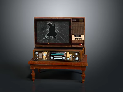 Vintage TV With Broken Screen On Wooden Table Retro Electronic Appliance 3d model