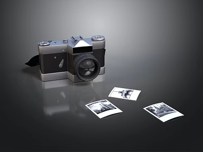 Vintage Electronic Camera With Printed Photos On Black Reflective Surface 3d model