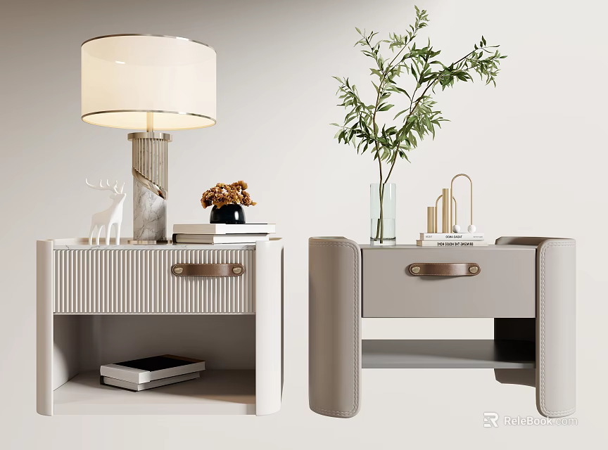 Modern Bedside Tables Design With Ribbed Texture Table Lamp Green Plant And Decorative Items 3d model 
