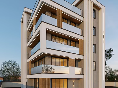 Modern Multi Storey Residential Building Exterior With Glass Balconies Wooden Panels And Large Windows 3d model