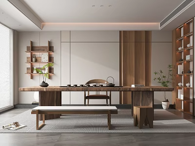 Modern Minimalist Tea Room Interior With Wooden Table Shelves And Plants 3d model