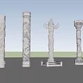 Garden Ornaments Stone Carved Pillars with Various Intricate Designs Against Blue Sky and Reflective Surface
