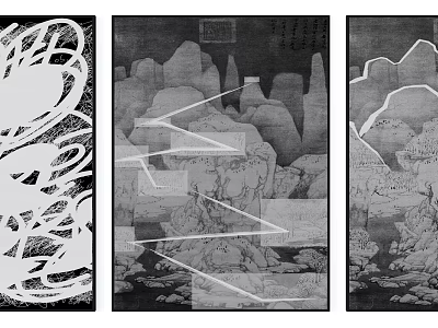 Traditional Mountain Landscapes With Modern Geometric Lines In Black And White Triptych Art 3d model