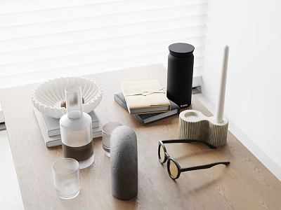 Modern Desktop Arrangement With Ceramic Bowl Glassware Books And Decorative Objects 3d model
