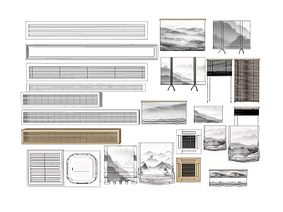 Various Window Blinds With Modern Designs Wooden Frames And Mountain Patterns 3d model