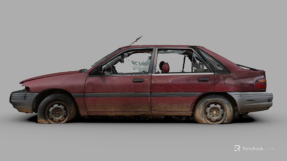 Old Rusty Red Car With Damaged Windows And Interior Red Seat 3d model 