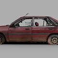 Old Rusty Red Car With Damaged Windows And Interior Red Seat