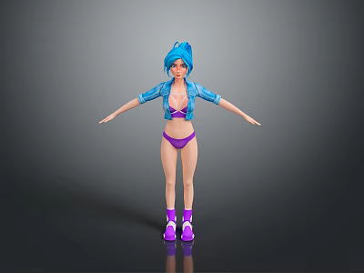 3D Game Character Design Featuring Blue Hair Purple Bikini Blue Jacket And Purple Boots 3d model