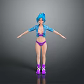 3D Game Character Design Featuring Blue Hair Purple Bikini Blue Jacket And Purple Boots