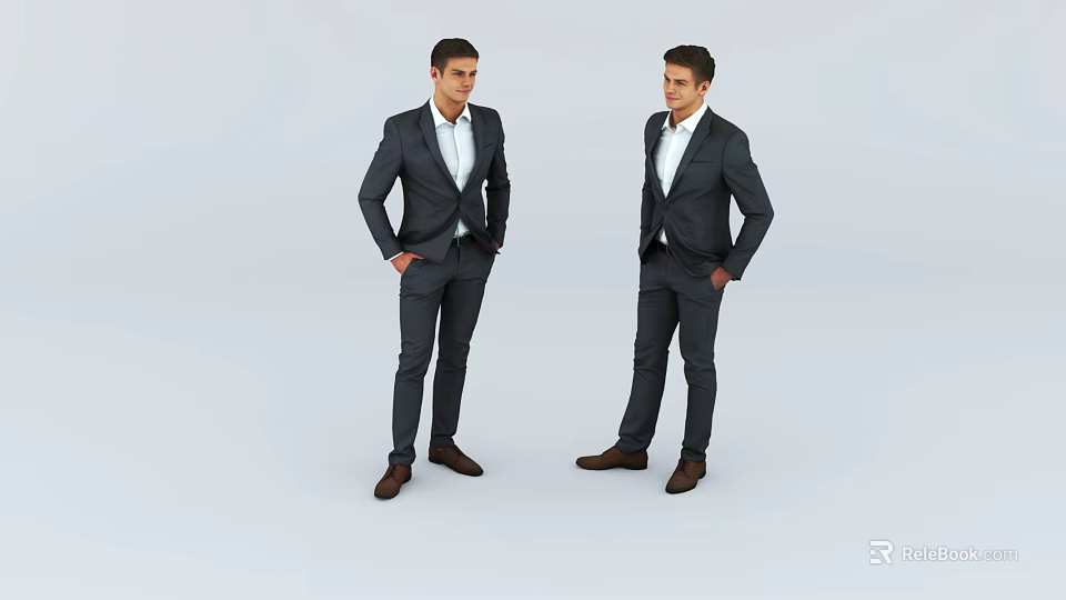 Two Men in Dark Formal Suits with White Shirts and Brown Leather Shoes Standing 3d model 