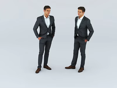 Two Men in Dark Formal Suits with White Shirts and Brown Leather Shoes Standing 3d model