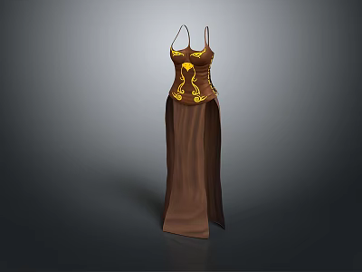 Brown Spaghetti Strap Long Dress With Yellow Decorative Patterns And Fitted Waist 3d model
