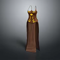 Brown Spaghetti Strap Long Dress With Yellow Decorative Patterns And Fitted Waist