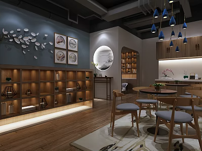 Modern Office Interior with Wooden Bookshelves Blue Pendant Lights Round Mirror Decorative Paintings Wooden Flooring 3d model