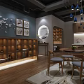 Modern Office Interior with Wooden Bookshelves Blue Pendant Lights Round Mirror Decorative Paintings Wooden Flooring