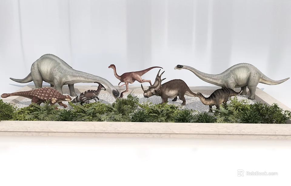 Reptile Dinosaur Models Display Scene with Various Species and Green Plants 3d model 