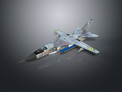 Detailed Military Fighter Jet Model With Gray Blue Body And Tail Markings On Dark Background 3d model