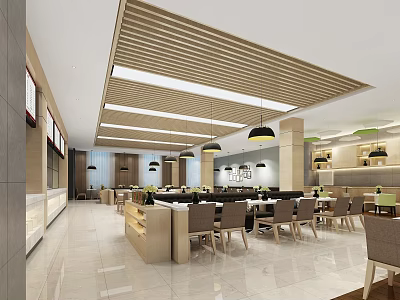Modern Restaurant Dining Table With Chairs Hanging Pendant Lights Wooden Slat Ceiling And Marble Floor 3d model