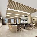 Modern Restaurant Dining Table With Chairs Hanging Pendant Lights Wooden Slat Ceiling And Marble Floor