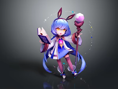 Magical Girl Character With Rabbit Ears Blue Long Hair Holding Magic Book And Crystal Staff 3d model