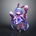 Magical Girl Character With Rabbit Ears Blue Long Hair Holding Magic Book And Crystal Staff