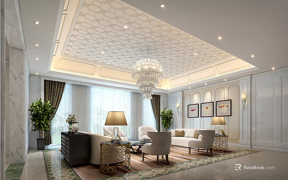 Elegant Living Room Interior With Ornate Ceiling Crystal Chandelier Sofa And Decorative Paintings 3d model 