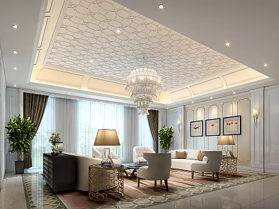 Elegant Living Room Interior With Ornate Ceiling Crystal Chandelier Sofa And Decorative Paintings 3d model