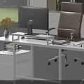 White Office Desk Setup with Computer Monitor Keyboard Mouse Drawer Cabinet Vase and Office Chair