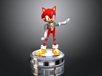 Red Hedgehog Character 3D Model Standing On Silver Circular Reflective Base With Yellow Shoes 3d model