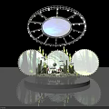 Enchanting Stage Featuring Green Laser Beams Blue Circular Screen Forest Background and Reflective Base
