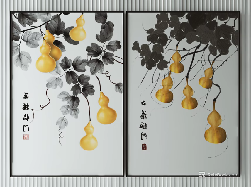 Traditional Chinese Two Panel Wall Art With Yellow Gourds Black Vines And Calligraphy 3d model 