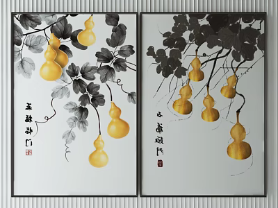 Traditional Chinese Two Panel Wall Art With Yellow Gourds Black Vines And Calligraphy 3d model