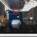 Store Front Desk With Blue Gold Textured Ceiling Red Phoenix Sculpture And Blue Wave Wall