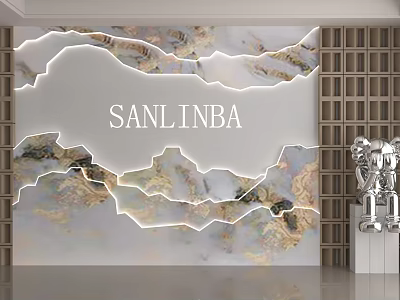Marble Background Wall with White Light Outline Natural Texture Silver Metal Sculptures and Grid Wall 3d model