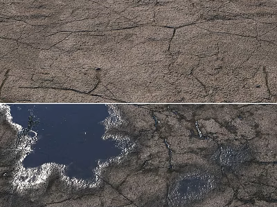Dry Cracked Soil Surface With Visible Deep Cracks And Small Water Puddles 3d model